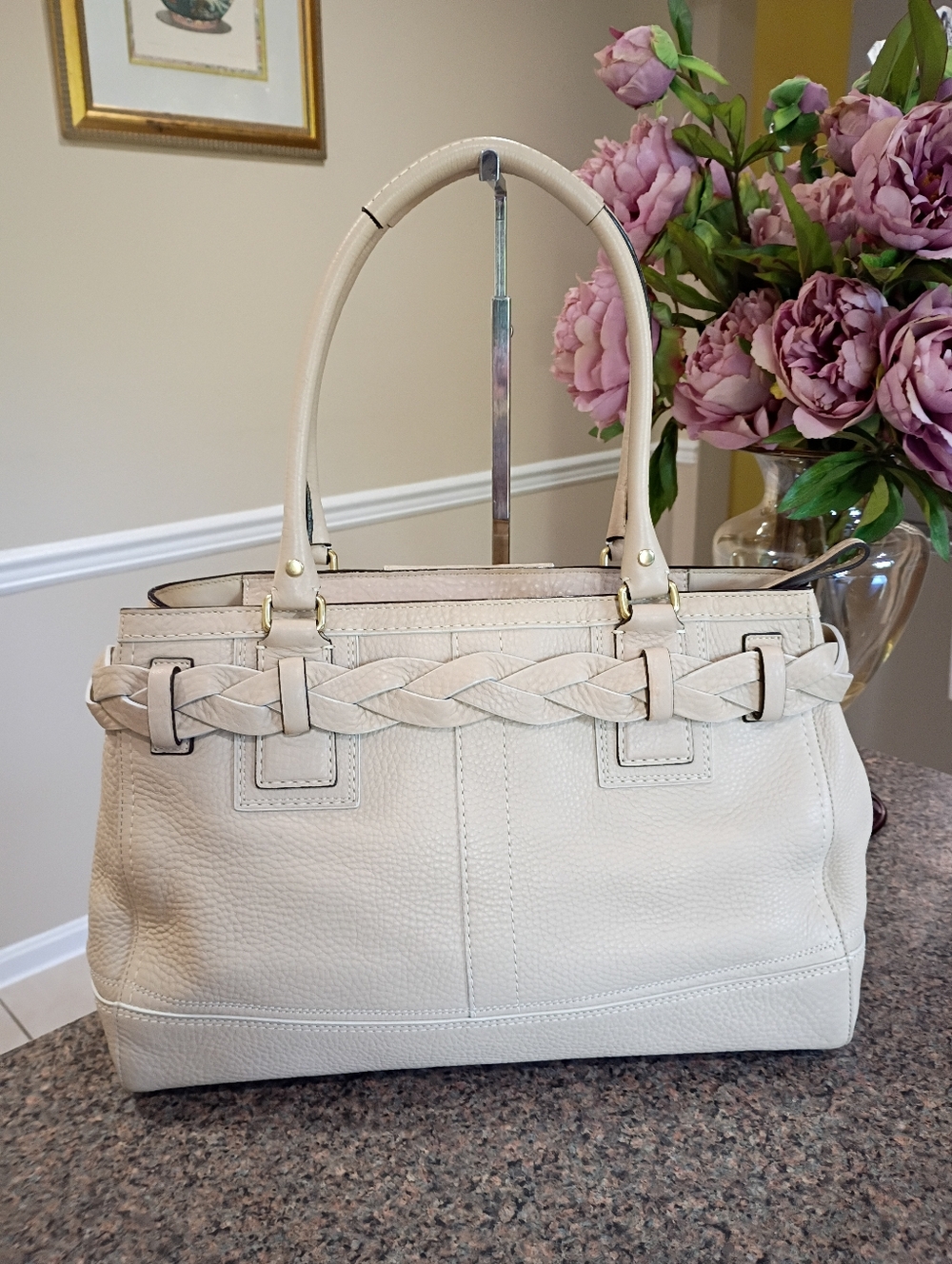 Coach Hamton Briaded Pebbled Leather Satchel Bag in Chalk - Picture 9 of 16